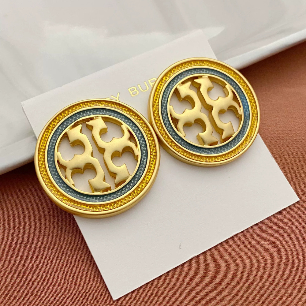 Tory Burch Enamel Inlay Hollow English Letter Geometric Round Stud Earrings